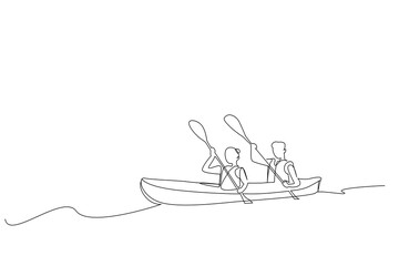 canoe kayak boat athlete people together activity one line art design vector