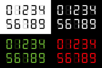 Electronic numerals (numbers arabic). Alarm clock or clock symbol. Digital information indicator, luminous numbers.