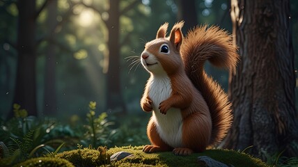 Naklejka premium A cute red squirrel with a fluffy tail scurries up a tree in the park, searching for autumn nuts