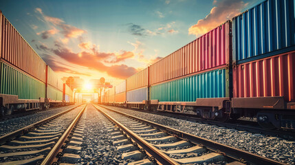 Obraz premium Freight train on track with cargo containers