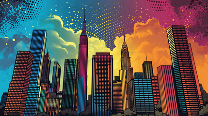 Colorful illustration of the new york city skyline in a pop art style