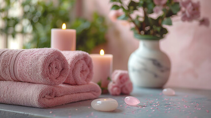 Pink towels and aromatic candles creating relaxing spa ambiance