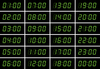 Electronic numerals (numbers arabic). Alarm clock or clock symbol. Digital information indicator, luminous numbers.