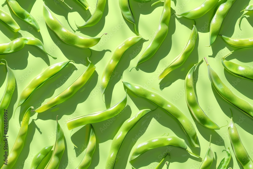 Poster a spread of fresh green beans arranged in a stylish pattern against a light green background, showca