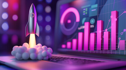 Silver rocket is taking off in front of a laptop screen displaying positive statistics