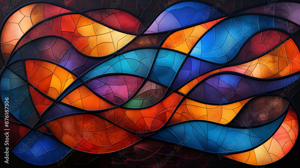 Poster Stained glass abstract design with vibrant colors and flowing shapes