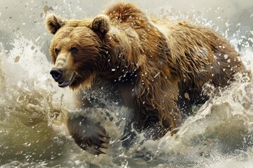 powerful grizzly bear charging through rushing river water spraying dramatically intense expression muscular form captured in midmotion wilderness backdrop dynamic composition