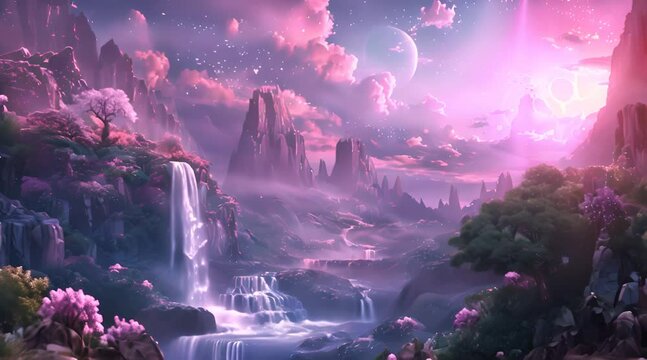 A beautiful paradise land full of flowers, sakura trees, rivers and waterfalls, a blooming and magical idyllic Eden garden