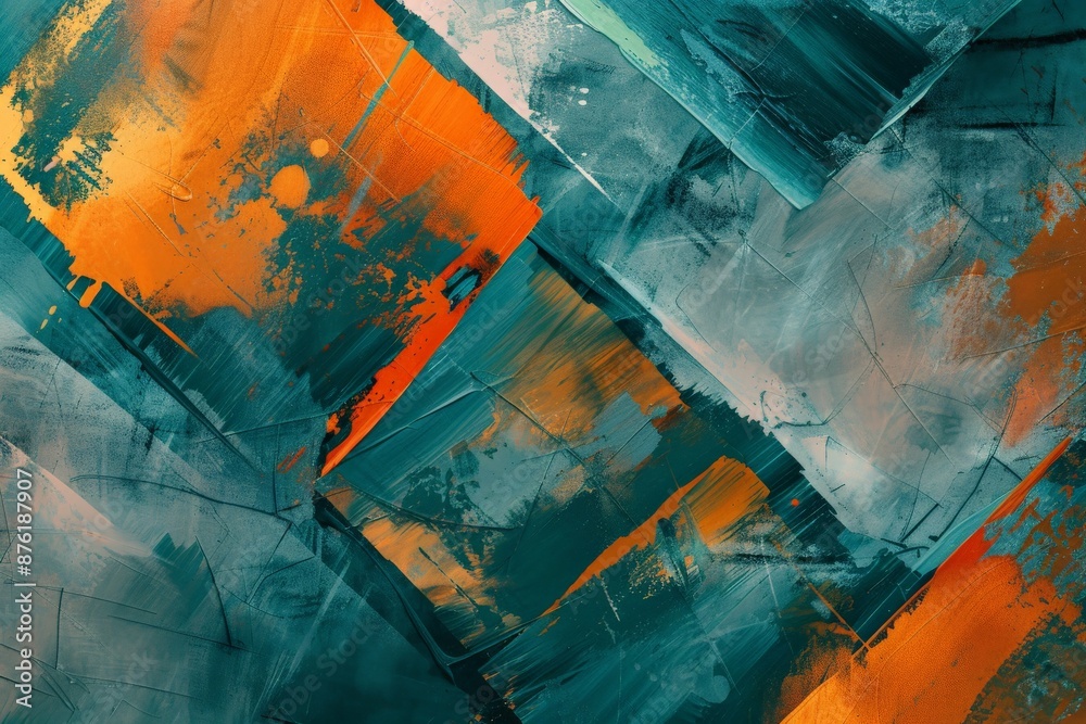 Poster a bold and colorful abstract painting featuring geometric patterns in contrasting shades of orange a