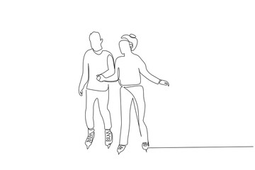 ice skate hockey shoes people couple friends together sport winter hobby one line art design vector