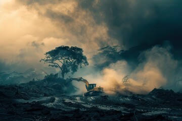 powerful scene of deforestation with a lone ancient tree standing defiantly against approaching heavy machinery dramatic lighting and billowing dust emphasize the urgency of conservation