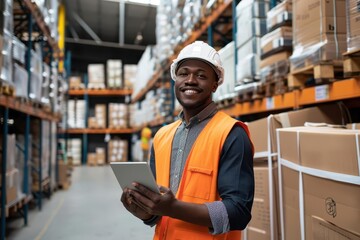 professional engineer manager posing confidently with tablet in warehouse portrait of happy worker on site