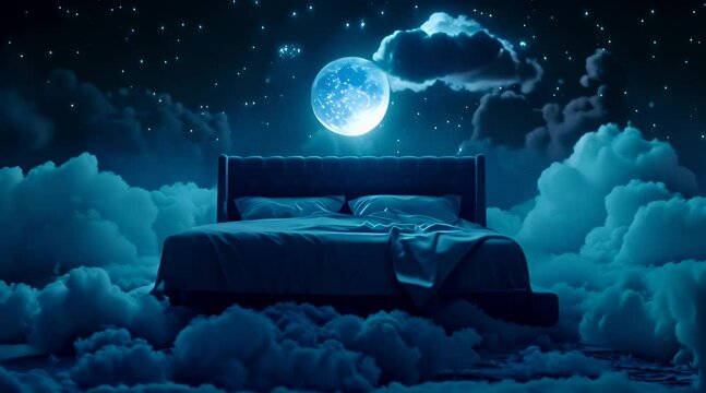 Large double bed with headboard, pillows, and sheets, surrounded by clouds at night with a full moon in the background. Symbol of dreams, imagination, and creativity