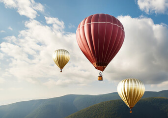 Fototapeta premium Balloon drifting over scenic landscapes.