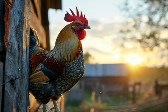 A rooster perched proudly on a rustic farmhouse at sunrise showcasing rural beauty and tranquility
