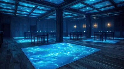 An innovative event planning service uses enchanted wooden tables that appear empty but reveal stunning views of celestial skies and underwater cities during special occasions