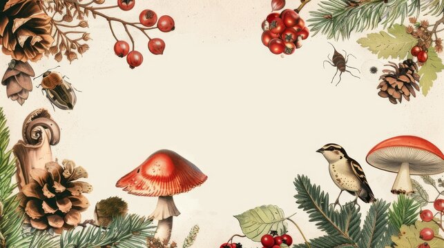 watercolor frame illustration on the theme of a fairy forest, with forest elements and little birds, copy space