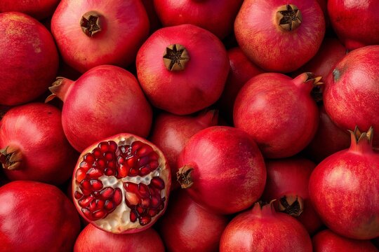 Background of ripe whole pomegranates. View from above.