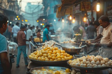 A busy market with people and food stands generated by AI