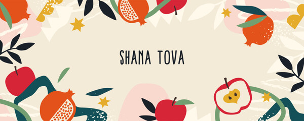 Rosh Hashana, Rosh Hashanah, Jewish New Year greeting card, cover, holiday web banner or poster. Hand drawn illustration, vector design with apple and pomegranate pattern in trendy modern art style