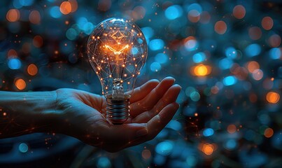 A hand cradles a glowing light bulb against a backdrop of soft blue bokeh, symbolizing a spark of innovation.