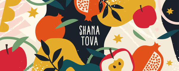 Rosh Hashana, Rosh Hashanah, Jewish New Year greeting card, cover, holiday web banner or poster. Hand drawn illustration, vector design with apple and pomegranate pattern in trendy modern art style