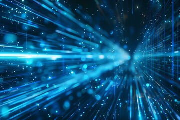 3d render, abstract blue background with glowing lines and stripes in motion. Digital technology concept. Abstract digital backdrop. Blue light rays on dark background. Big data wallpaper