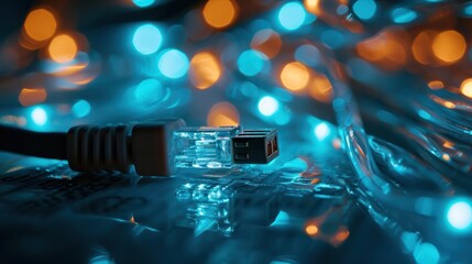 Close-up of a network cable with a blue and green bokeh background.
