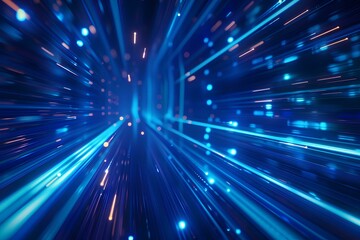 3d render, abstract blue background with glowing lines and stripes in motion. Digital technology concept. Abstract digital backdrop. Blue light rays on dark background. Big data wallpaper