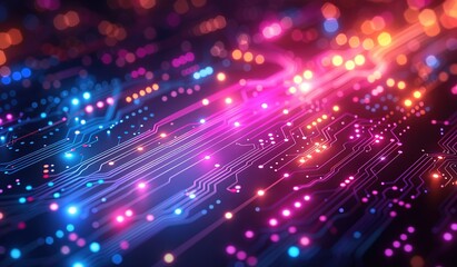 Fototapeta premium A vibrant circuit board with blue and pink pathways, embodying the essence of advanced technology.