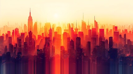 A geometric abstract background with a stylized cityscape silhouette, transitioning from yellow to orange to red.