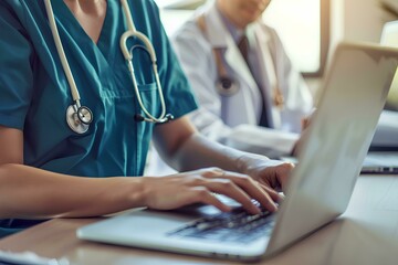 Nurse and doctor working on laptop in hospital office, white male nurse wearing uniform with stethoscope standing near desk talking to female student while using computer for medical research