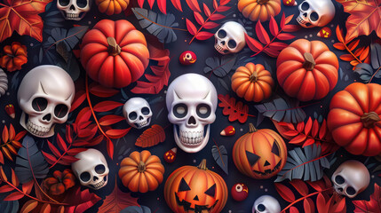 Obraz premium Flat design of Halloween night with skulls and pumpkins.