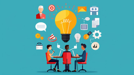 Collaborative team creating innovative flat design concepts