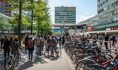 University Campus Life with Bikes and People