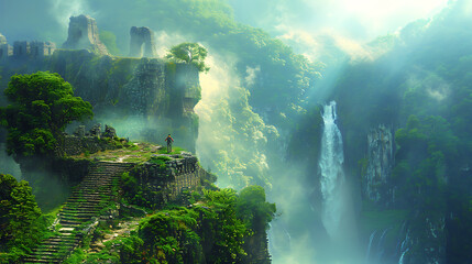 Obraz premium Misty Mountain Odyssey: Ancient Ruins Unveiled