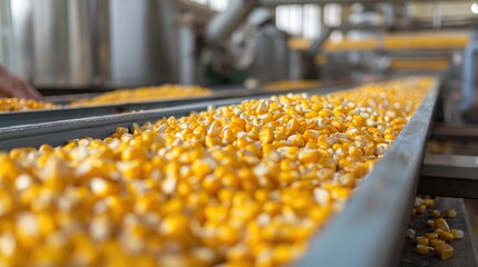 corn seeds on conveyor belt rollers or production line, automated industrial factory manufacture