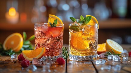 Close-up of refreshing cocktails garnished with orange slices and mint leaves. Vibrant drinks on a wooden table with scattered ice cubes.