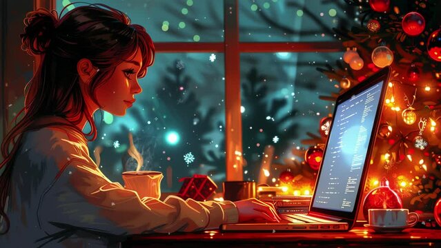 Christmas Synthwave anime manga girl, lofi background wallpaper design, anime girl, Manga Style, illustration, 16:9, video background, seamless loop