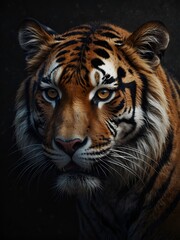 Fototapeta premium A tiger head looking at camera in black background