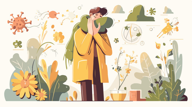 Allergy concept with symptoms signs and man character