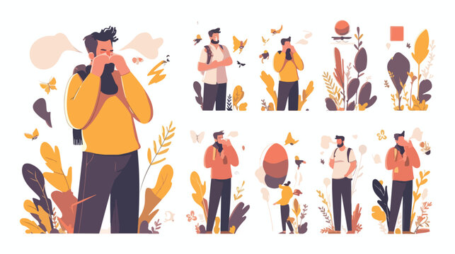Allergy concept with symptoms signs and man character