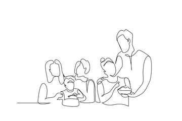 big family eating together mother father children people happy moments one line art design vector