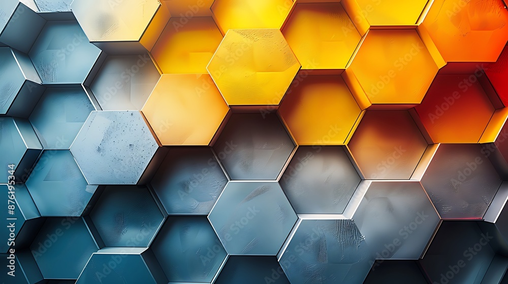 Wall mural a geometric abstract background with gradient hexagonal honeycombs, transitioning from yellow to ora
