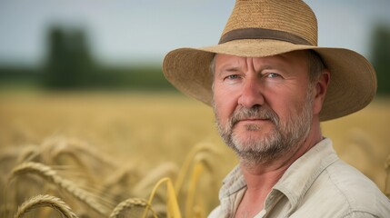 Fototapeta premium A mature man wearing a straw hat stands in a field of wheat, gazing towards the camera