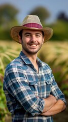 A young man wearing a straw hat and plaid shirt stands in a field with his arms crossed