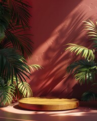 Obraz premium A minimalist wooden platform surrounded by lush tropical plants casting shadows on a pink wall in natural sunlight.