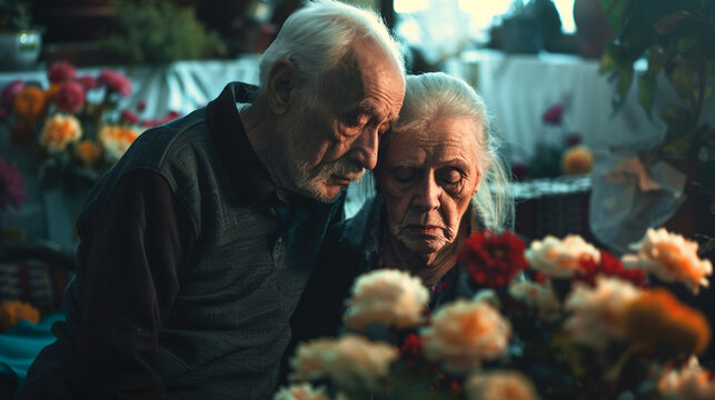 ld husband tries to comfort his wife due to her loss, funeral support and people care for grief mourning lost ones