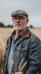 Fototapeta premium A farmer in a denim jacket stands in a field of wheat on a cloudy day
