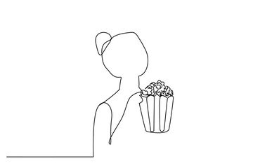 young girl human cinema movie tv popcorn eat snack one line art design vector